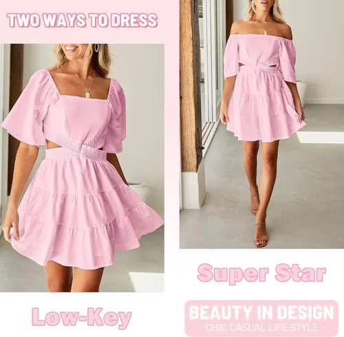 Vista 3 de Senllen Vestidos de verano para mujer 2025 de manga corta con cuello cuadrado, mini vestido cruzado con cintura elástica, vestido casual de fiesta