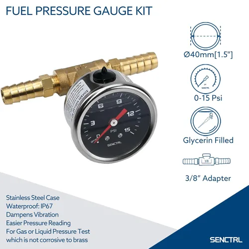 Vista 5 de SENCTRL Kit de manómetro de presión de combustible de 15 PSI para línea de combustible de 3/8, esfera negra, motores de carburador, motores