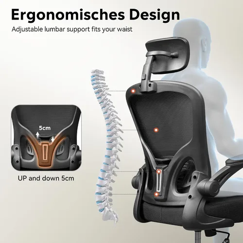 Vista 9 de DEVAISE Silla de Oficina de Respaldo Alto de Malla Ergonómica para Escritorio con Reposabrazos Abatibles, Reposacabezas Ajustable y Soporte Lumbar
