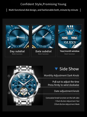Vista 41 de OLEVS Relojes automáticos para hombre, oro de lujo, vestido de diamantes de cuerda automática, esqueleto mecánico, Tourbillon, reloj de pulsera