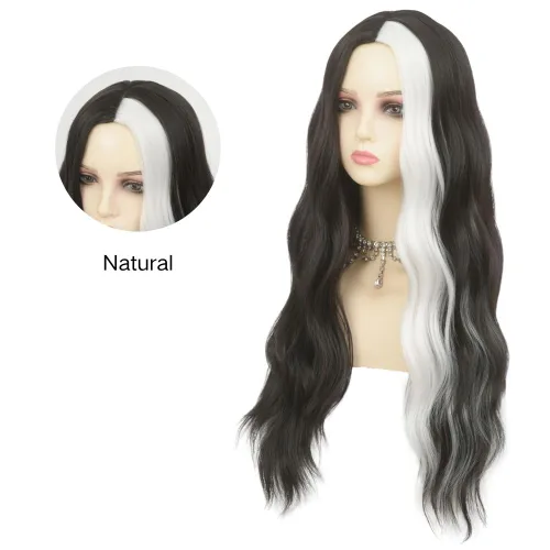 Vista 4 de Pelucas largas rizadas y onduladas de Dai Cloud, con cabello negro y reflejos blancos, de pelo sintético, resistente al calor, para mujer, para uso