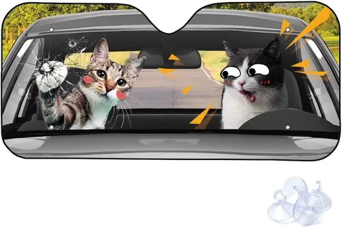 Vista 2 de Talayituse Parasol para parabrisas de automóvil, diseño de gato divertido 3D, ajuste universal, para automóvil, camión, SUV, bloquea el sol