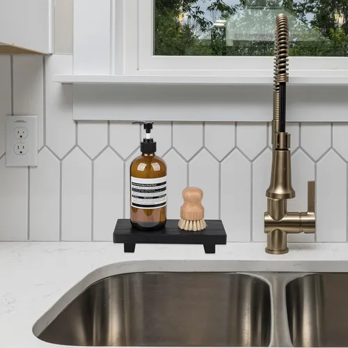 Vista 6 de Organizador de encimera de baño, soporte de pedestal de madera, bandeja decorativa de estilo granja, portajabones para decoración de cocina, Negro