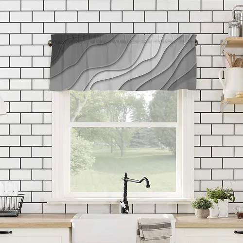 Vista 4 de Cortina de cenefa negra degradada para ventanas de kithchen, negro, blanco, gris, degradado, moderno, abstracto, geométrico, cenefa con bolsillo