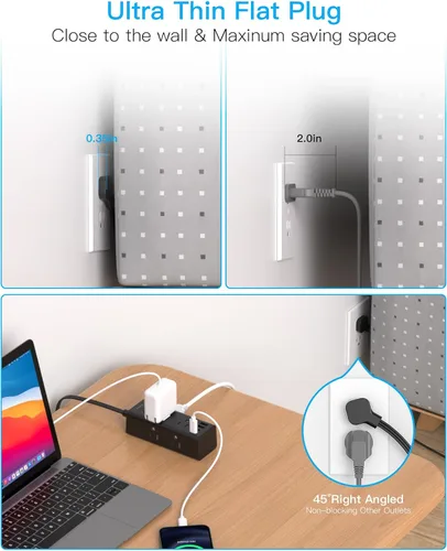 Vista 6 de Cable de extensión de 1 pie con múltiples tomas, regleta de alimentación de enchufe plano con cable de 1 pie, 6 tomas de corriente, 4 puertos USB