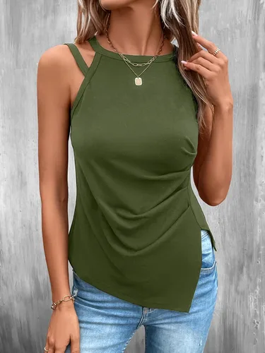 Vista 7 de WDIRARA Top halter sin mangas con dobladillo asimétrico y fruncido para mujer