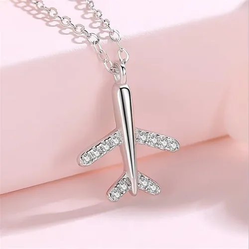 Vista 2 de Juego de collar y aretes con colgante de avión, circonita cúbica, avión, aerolínea, pulsera de joyería para mujeres y niñas, Zirconia cúbica, No es