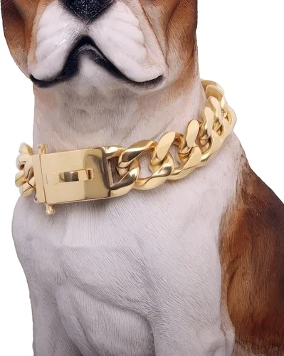 Vista 6 de BAOBOTE Collar de Cadena Dorada para Perro con Hebilla de Broche de Seguridad, Collar de Eslabón Cubano de 19 mm para Perro, Collar Resistente a
