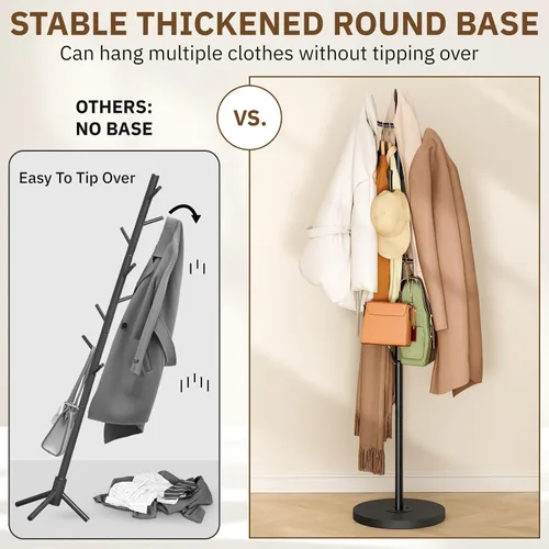 Vista 2 de MISSLO Perchero resistente independiente de 4 tamaños ajustables con base de madera estable, soporte de pie con 6 ganchos para colgar ropa, árbol
