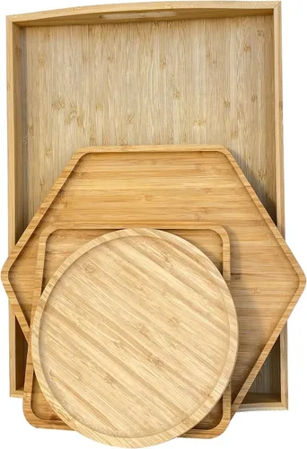 Vista 7 de Bandejas de bambú con tablas de cortar 16.5"x11.8" (42x30cm con asa, el set incluye platos de 0.63" (1.6cm) de grosor 1xHexágono 12.5" (32cm) +
