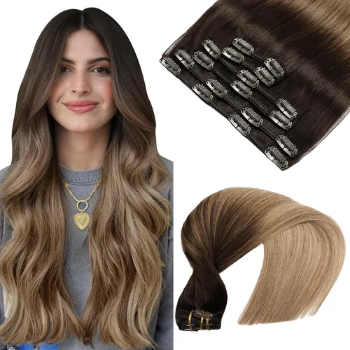 Vista 10 de VINBAO Extensiones de cabello humano con clip, balayage, color marrón ceniza a rubio caramelo, 14 pulgadas, 6 unidades, 3.53 onzas, 6