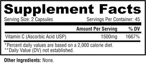 Vista 3 de Metabolic Nutrition Vitamina C, 1500 mg, grado farmacéutico puro, cápsulas de ácido ascórbico de alta absorción (90 cápsulas)