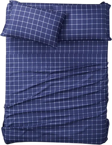Vista 4 de TRULY SOFT Tattersall - Juego de sábanas Queen de poliéster de 4 piezas, diseño de rayas, para hombres y mujeres, certificado Oeko-TEX Azul