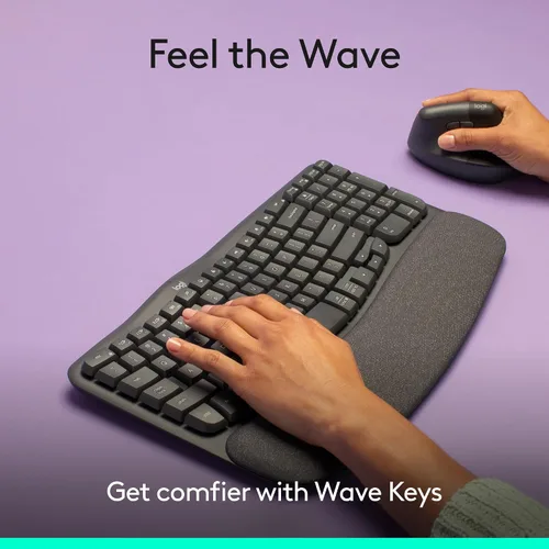 Vista 2 de Logitech Wave Keys - Teclado inalámbrico ergonómico con reposamanos, color grafito Para una postura de escritura natural, conecta hasta 3