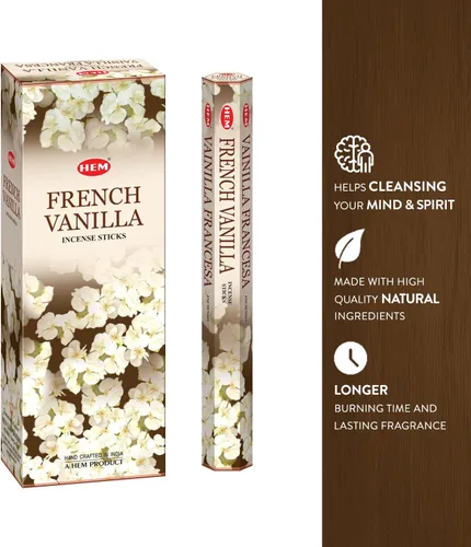 Vista 3 de HEM Incienso de vainilla francesa – Caja de 120 varillas (6 paquetes) – Aroma dulce y acogedor para meditación, yoga, alivio del estrés y refresco