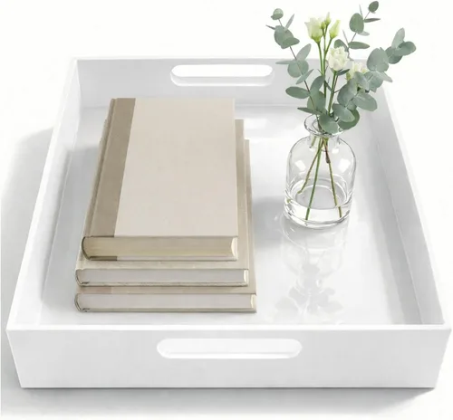 Vista 8 de Bandeja de acrílico transparente para tocador, baño, otomana, escritorio y decoración con asas (Rectangular, Grande)