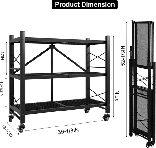 Vista 2 de Grezone Estantes plegables de 3 niveles de almacenamiento de metal resistente con ruedas – No se ensambla unidad de estantería plegable para cocina