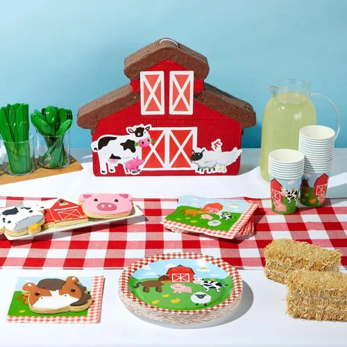Vista 2 de Juvale Farm - Decoraciones para fiestas temáticas – Juego de 144 piezas, sirve 24, platos de 9 pulgadas y tazas de 9 onzas, diseño de animales a