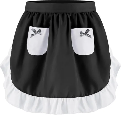 Vista 10 de Geyoga Delantales para mujeres con bolsillos Cocina Cocinando Camarera Sirvienta Delantal Falda Vintage Lindo Volantes Vestido Disfraz, Blanco