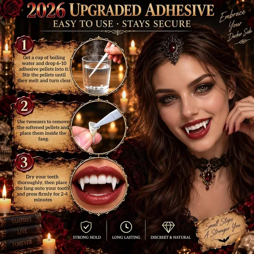 Vista 4 de Colmillos de dientes de vampiro, disfraz realista de Halloween Crema Claro