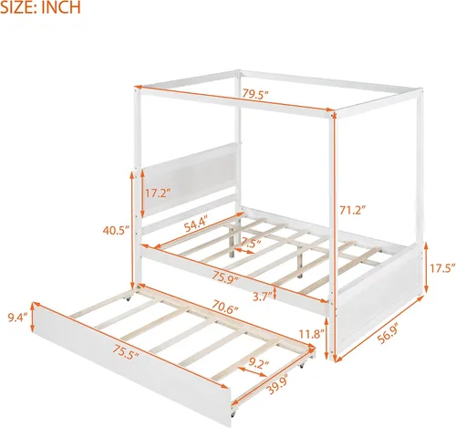 Vista 2 de Harper & Bright Designs Cama con dosel de tamaño matrimonial con cama nido, plataforma de madera con dosel con listones de soporte, cama de piso