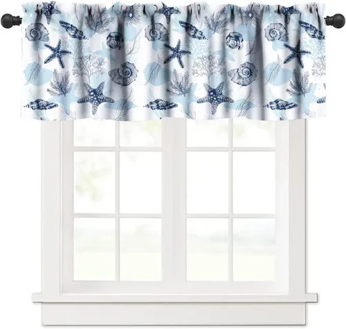 Vista 15 de JESTRONRY Cenefa de estrellas de mar con diseño de conchas marinas, cenefas de cortina con temática de playa oceánica para dormitorio, sala