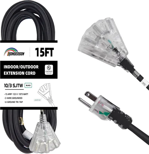 Vista 31 de Cable de extensión GFCI iluminado de 3 pies con 3 tomas de corriente, cable de extensión negro resistente SJTW 12/3 con enchufe a tierra de 3
