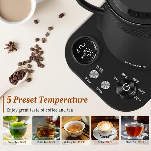 Vista 7 de Secura Hervidor eléctrico de cuello de cisne, 5 ajustes preestablecidos variables para café y té, tetera interior de acero 100% inoxidable con 1.5