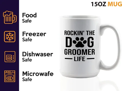 Vista 4 de Taza de café para peluquería de perros, 15 onzas, color blanco, Rockin the Groomer, apreciación del día de las mascotas, peluquero de perros