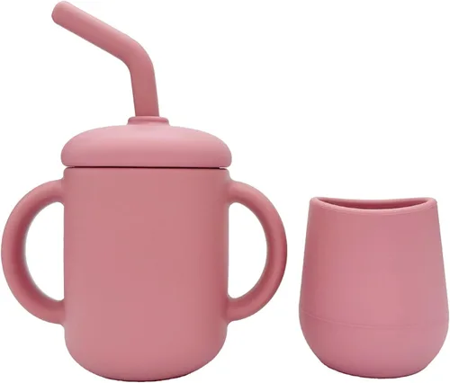 Vista 8 de Vasos de entrenamiento de silicona – Taza de entrenamiento para beber y taza de destete abierta para bebés de 6 a 12 meses en adelante, juego de Rosa