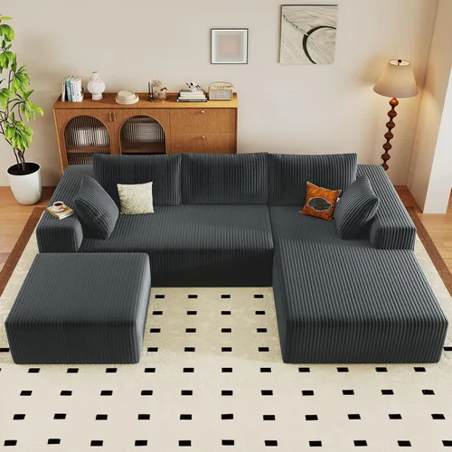 Vista 30 de Sofá modular Cloud de 95 pulgadas con otomana, moderno sofá nube en forma de U con asiento profundo, cómodo sofá de pana de 3 plazas, sofá de espuma