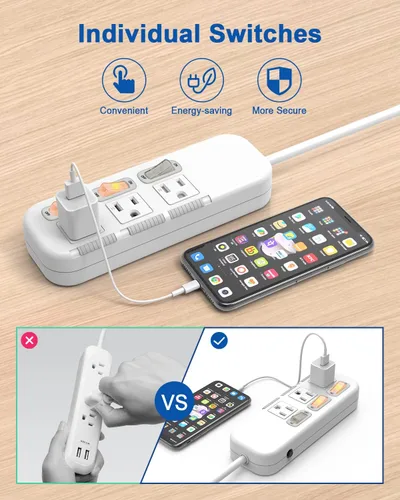 Vista 4 de Regleta de alimentación con interruptores individuales, cable de extensión de 3 pies, 3 tomacorrientes, protector de sobretensiones 300J
