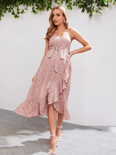 Vista 3 de OYOANGLE Vestido midi bohemio con estampado floral y tirantes delgados, cuello en V, volantes, cintura alta, cinturón, acampanado, para mujer