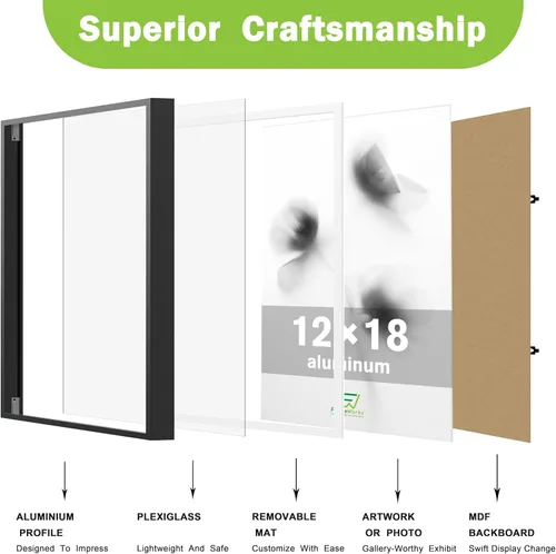Vista 4 de FrameWorks Marcos para póster de aluminio cepillado de 12 x 18 pulgadas, diseño moderno de metal cepillado con plexiglás inastillable, perfecto