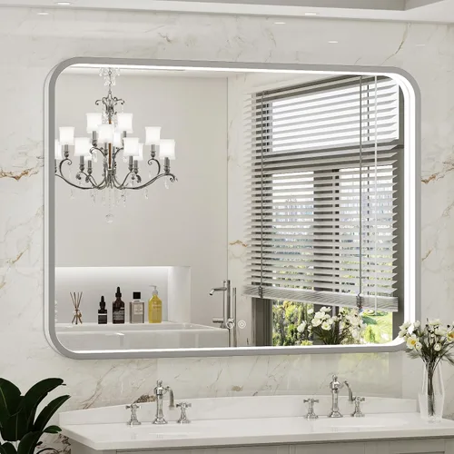 Vista 21 de Espejo Redondo Retroiluminado LED de 32 Pulgadas para Tocador, Espejo de Baño Iluminado Regulable 6000K Montado en Pared con Luces, Antivaho