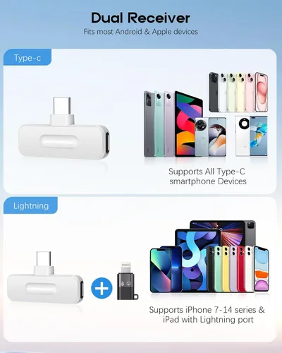 Vista 15 de Mini micrófono inalámbrico para iPhone, paquete de 2 micrófonos Lavalier para grabación de video, micrófono de solapa con reducción de ruido 2 en 1