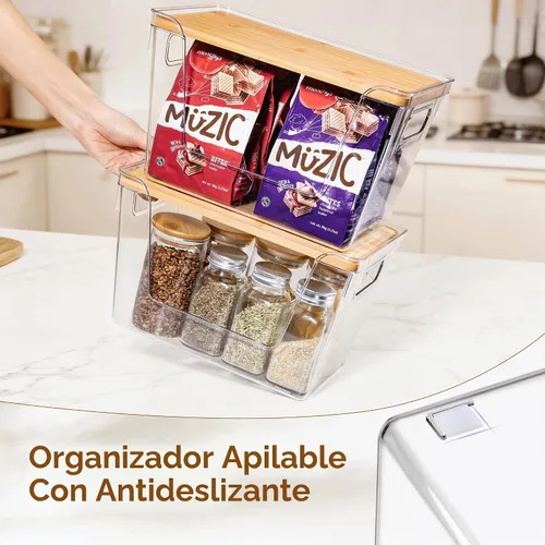 Vista 8 de Criusia 2 organizadores grandes y 2 pequeños de despensa y almacenamiento con tapas de bambú, contenedores transparentes apilables para cebolla
