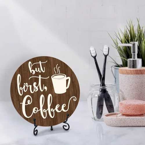 Vista 4 de Letrero de barra de café, decoración de café para cafetería, placa redonda de madera de granja con soporte, letreros de café con temática de «But