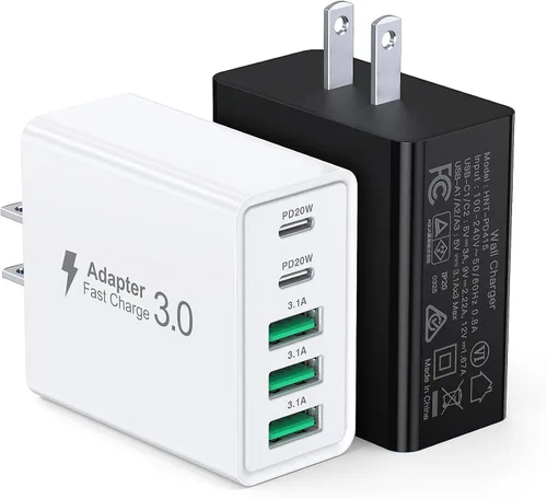 Vista 8 de [Paquete de 2] Cargador de pared USB C, bloque de cargador USB C de 50 W, bloques de carga rápida PD de 5 puertos, 2USB C + 3USB A enchufe