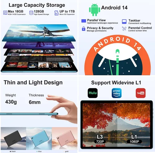 Vista 3 de DMOAO Tableta, tabletas de 10.1 pulgadas, tableta Android 14 con 18 GB de RAM+128 GB de ROM/1TB Expand, CPU Octa-Core 1.8GHz, batería de 6000 mAh