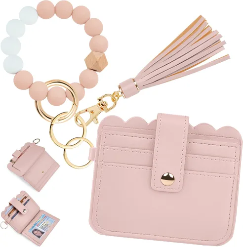 Vista 11 de Cartera de pulsera para mujer con llavero – Tarjetero RFID pequeña cartera con llavero Beige
