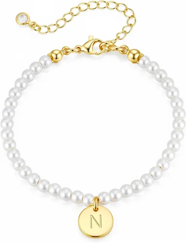 Vista 24 de Ursteel Pulsera de Perlas con Inicial para Mujer - Delicada Pulsera de Cuentas de Perlas con Letra Chapada en Oro de 14 Quilates para Mujer