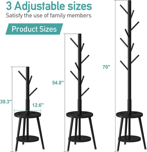 Vista 4 de Perchero de madera de bambú independiente con soporte para paraguas, soporte de altura ajustable con 8 ganchos, perchero para niños, utilizado