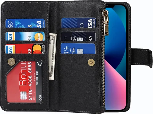 Vista 5 de Funda Cartera para iPhone 13/14 con Tarjetero, Funda Cruzada con Correa para el Hombro, Bolsillo con Cremallera Cartera de Cuero PU para iPhone 13