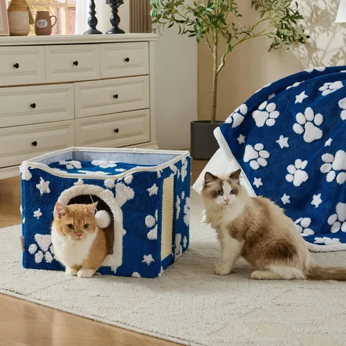 Vista 3 de Casas para gatos de interior, bonita cueva para gatos con bola esponjosa para colgar y almohadilla para rascar, escondite plegable para gatitos, 17