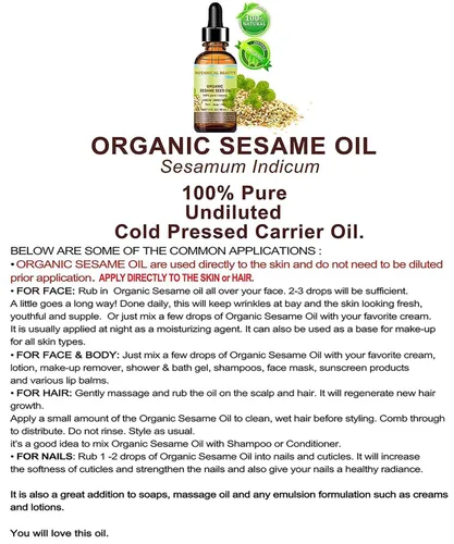 Vista 7 de Aceite orgánico de semilla de sésamo 100% puro, natural, virgen, sin refinar, sin diluir, aceite portador prensado en frío para cara, piel, cuerpo