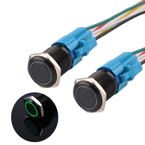 Vista 9 de Interruptor de botón con cierre de 0.630 in, anillo 3A, LED, 12V-24V, interruptor de botón de metal negro, carcasa de aluminio autobloqueante