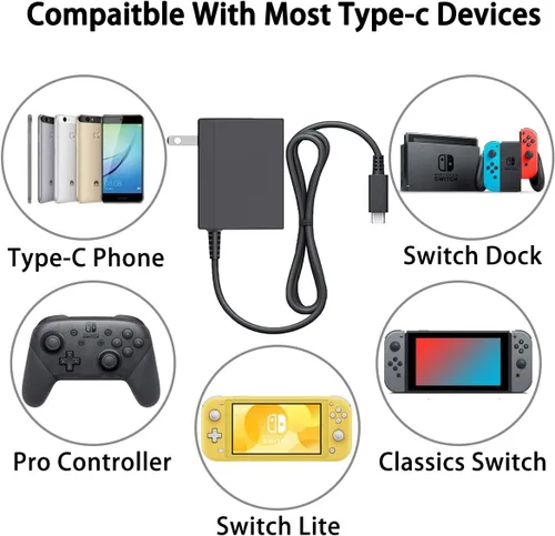 Vista 3 de Cargador para Nintendo Switch, adaptador de CA compatible con Switch OLED y Switch Lite, fuente de alimentación de 15 V2.6 A, modo de TV, cable