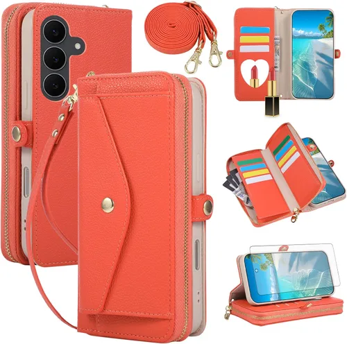 Vista 80 de Asuwish Funda de teléfono para Samsung Galaxy S23 5G con cremallera, funda para celular con protector de pantalla, correa para el hombro, espejo