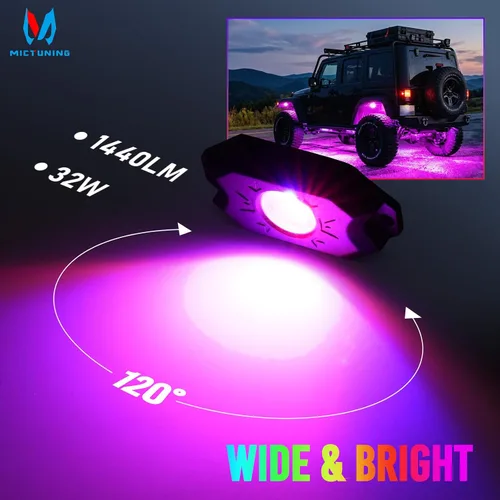 Vista 2 de MICTUNING Kit de luces LED RGB 2025 mejorado, 8 cápsulas de luz neón multicolor con control remoto RF a prueba de agua 12V para autos, camiones